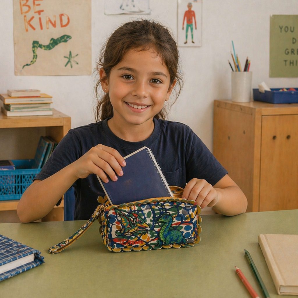 Child using a LinkKit dinosaur rectangular pouch textile kit in the classroom