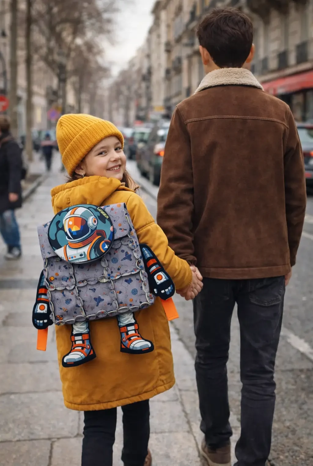 Child wearing a LinkKit astronaut large backpack textile kit while walking with her brother
