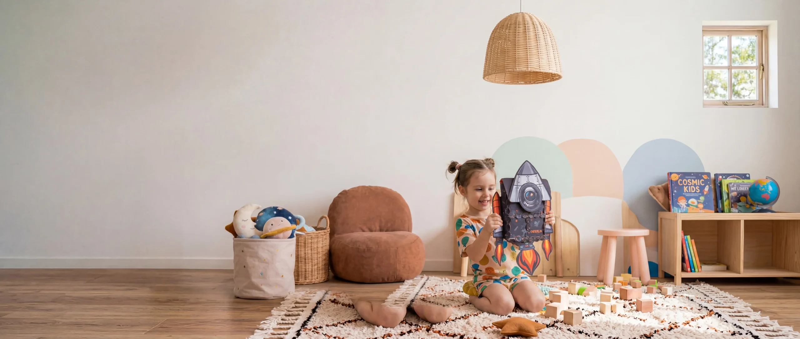 Child holding a LinkKit starship backpack textile kit in a playroom