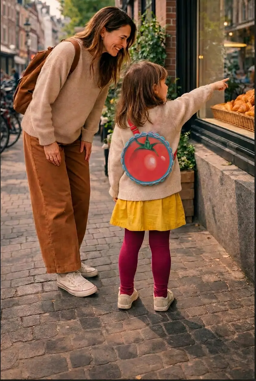 Child wearing a LinkKit tomato crossbody bag textile kit while shopping with her mother