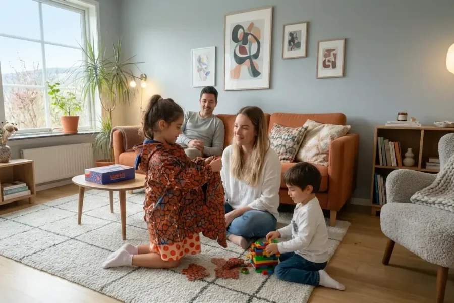 Family in the living room with children building a LinkKit dinosaur print modular textile coat
