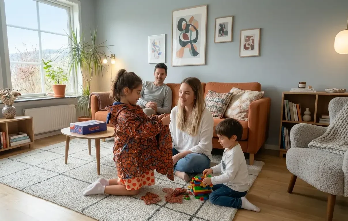 Family in the living room with children building a LinkKit dinosaur print modular textile coat