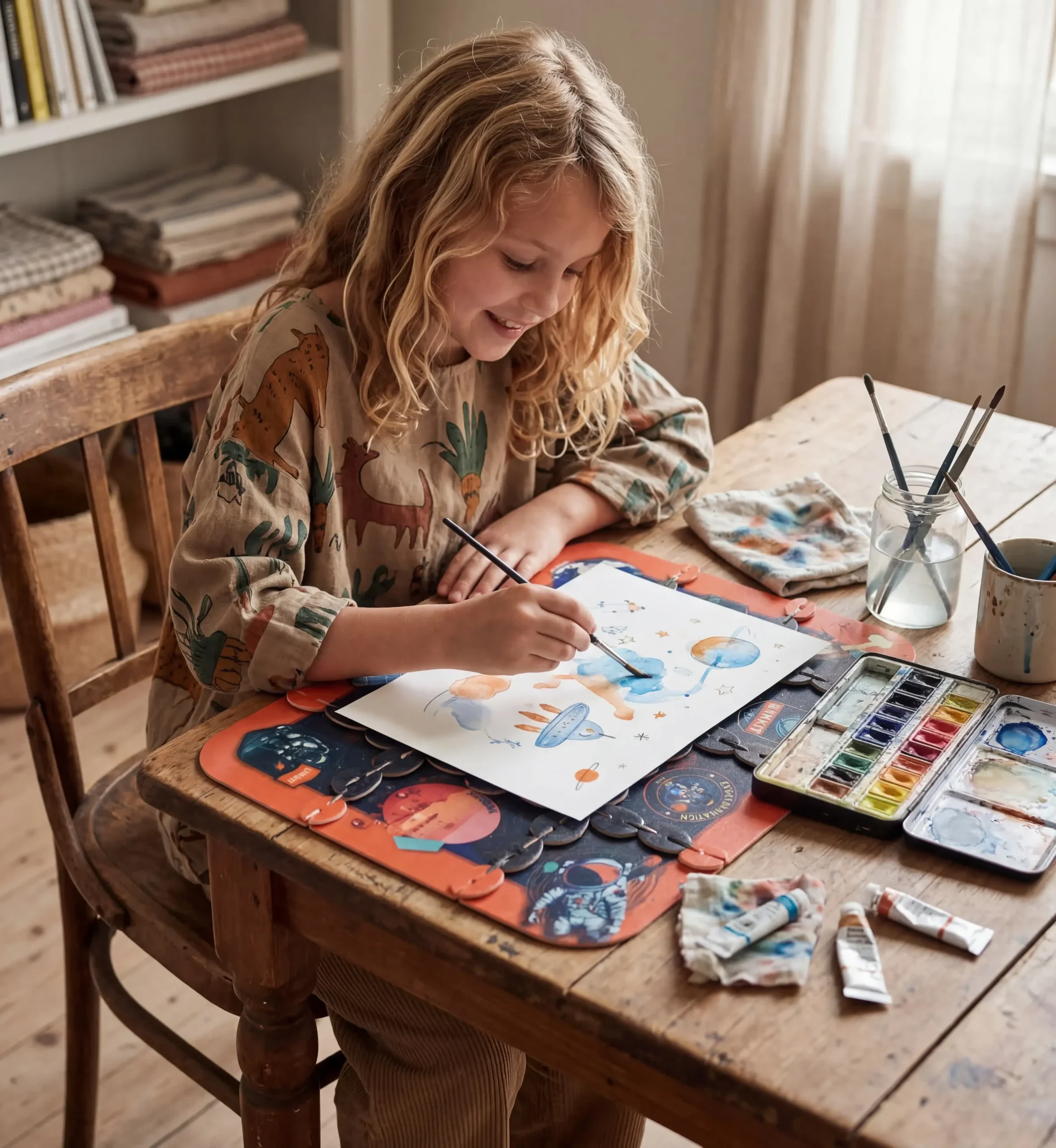 Child drawing on a LinkKit space modular textile placemat with rockets, planets and satellites