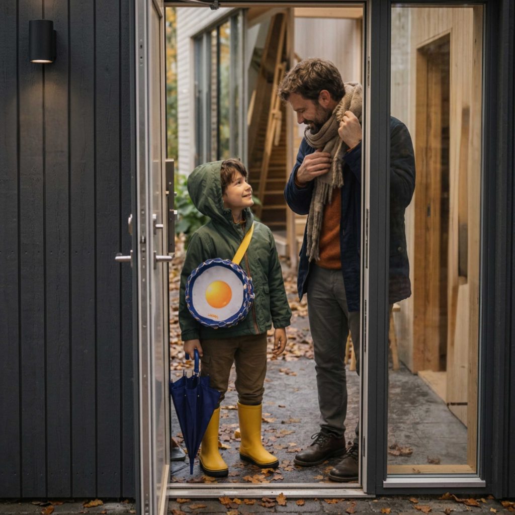 Child wearing a LinkKit fried egg crossbody bag textile kit at the doorway
