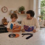 Father and child using LinkKit instructions to build an astronaut small case textile kit