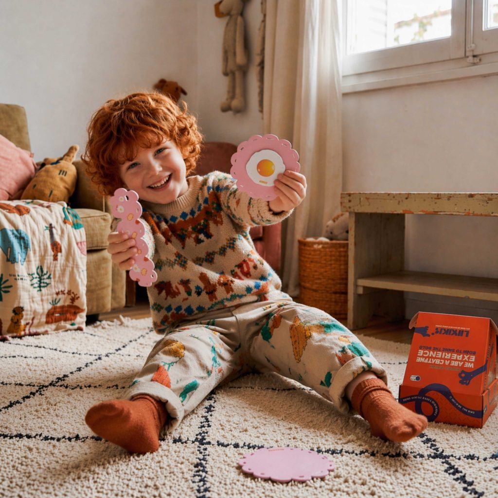 Child using a LinkKit fried egg small case textile kit at home