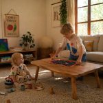 Child using a LinkKit Cosmos orange modular textile placemat at home