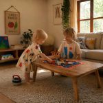 Child playing with a LinkKit Cosmos orange modular textile placemat in the living room