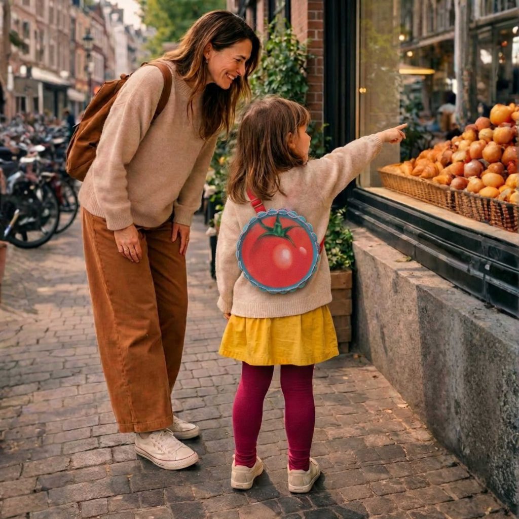 Child wearing a LinkKit tomato crossbody bag textile kit while shopping with her mother