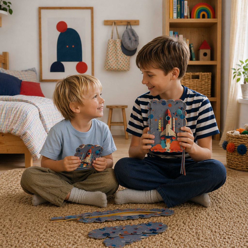 Siblings building a LinkKit starship rectangular case textile kit together