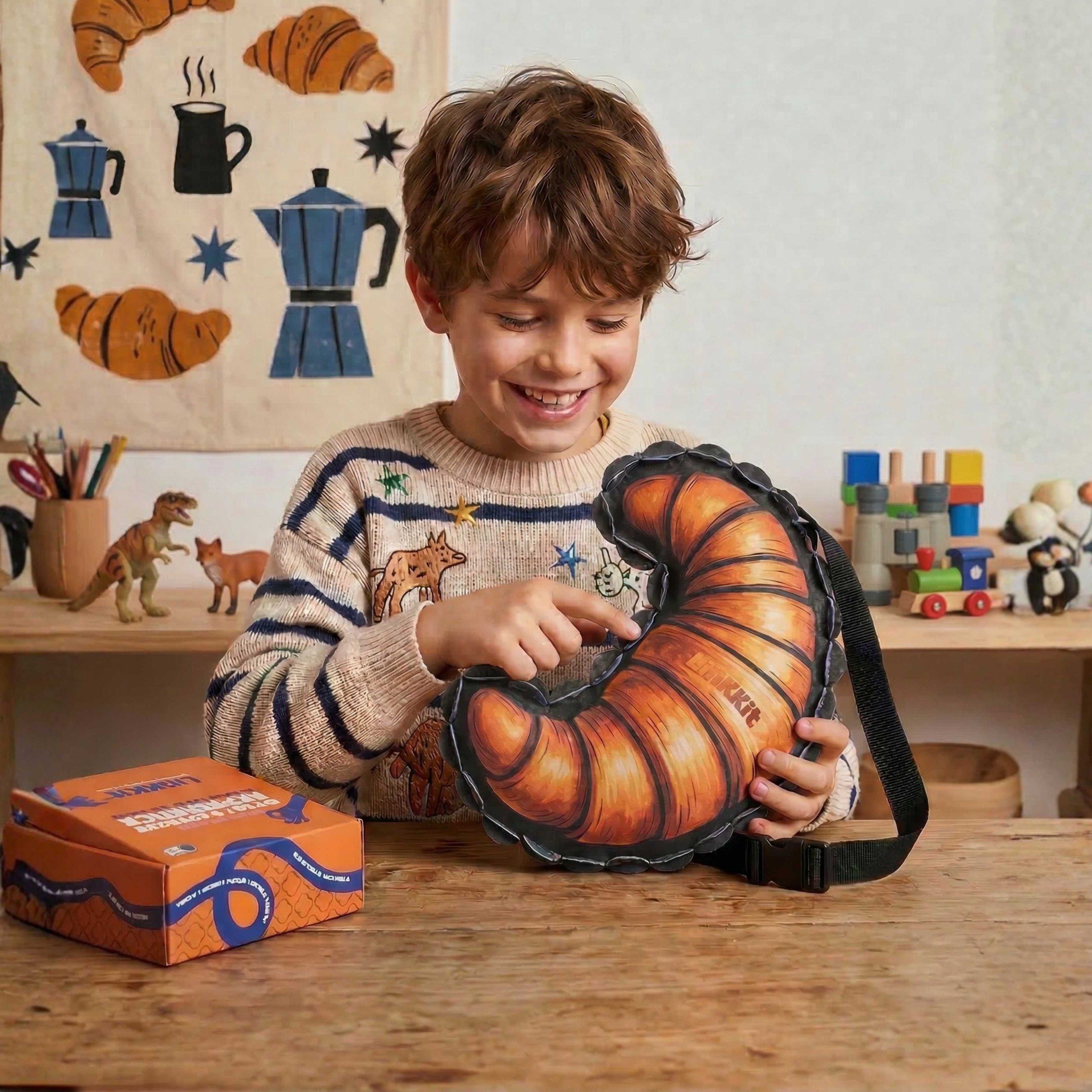 Child with a LinkKit croissant crossbody bag textile kit for hands-on creative play