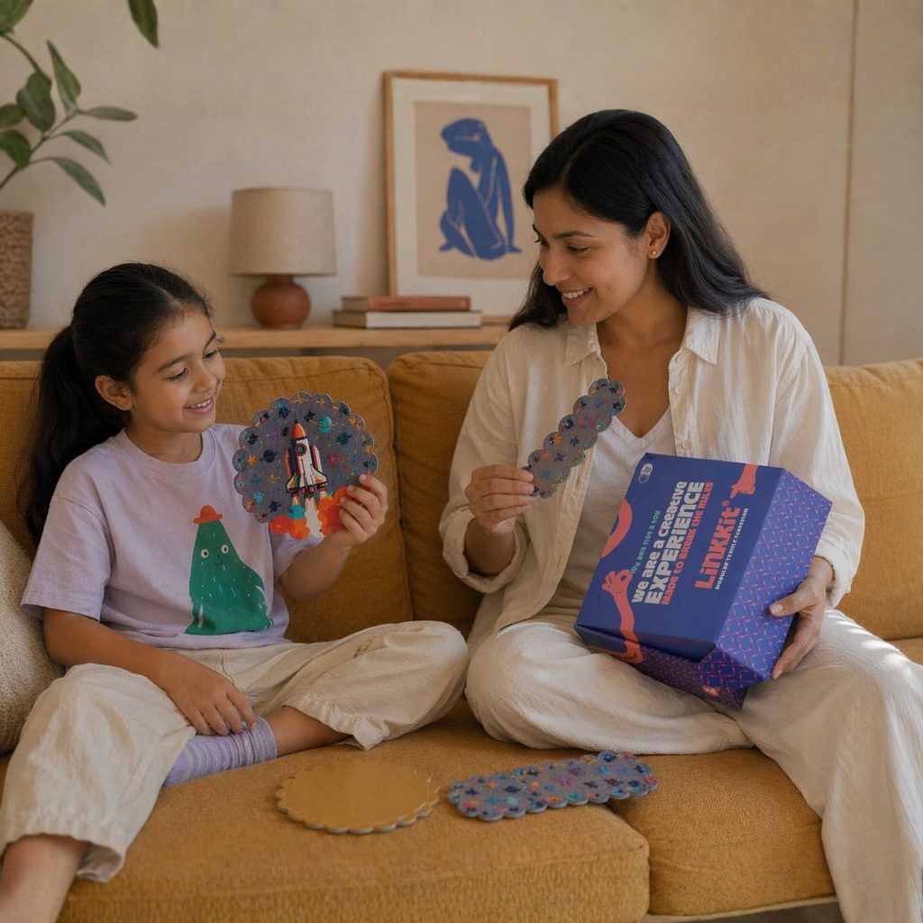 Child and mother creating with a LinkKit starship large pouch textile kit