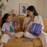 Child and mother creating with a LinkKit starship large pouch textile kit