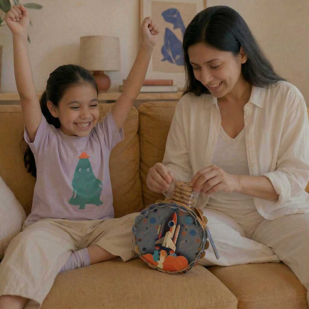 Child and mother building a LinkKit starship large pouch textile kit at home