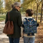 Child wearing a LinkKit dinosaur blue large backpack textile kit while walking with his grandmother