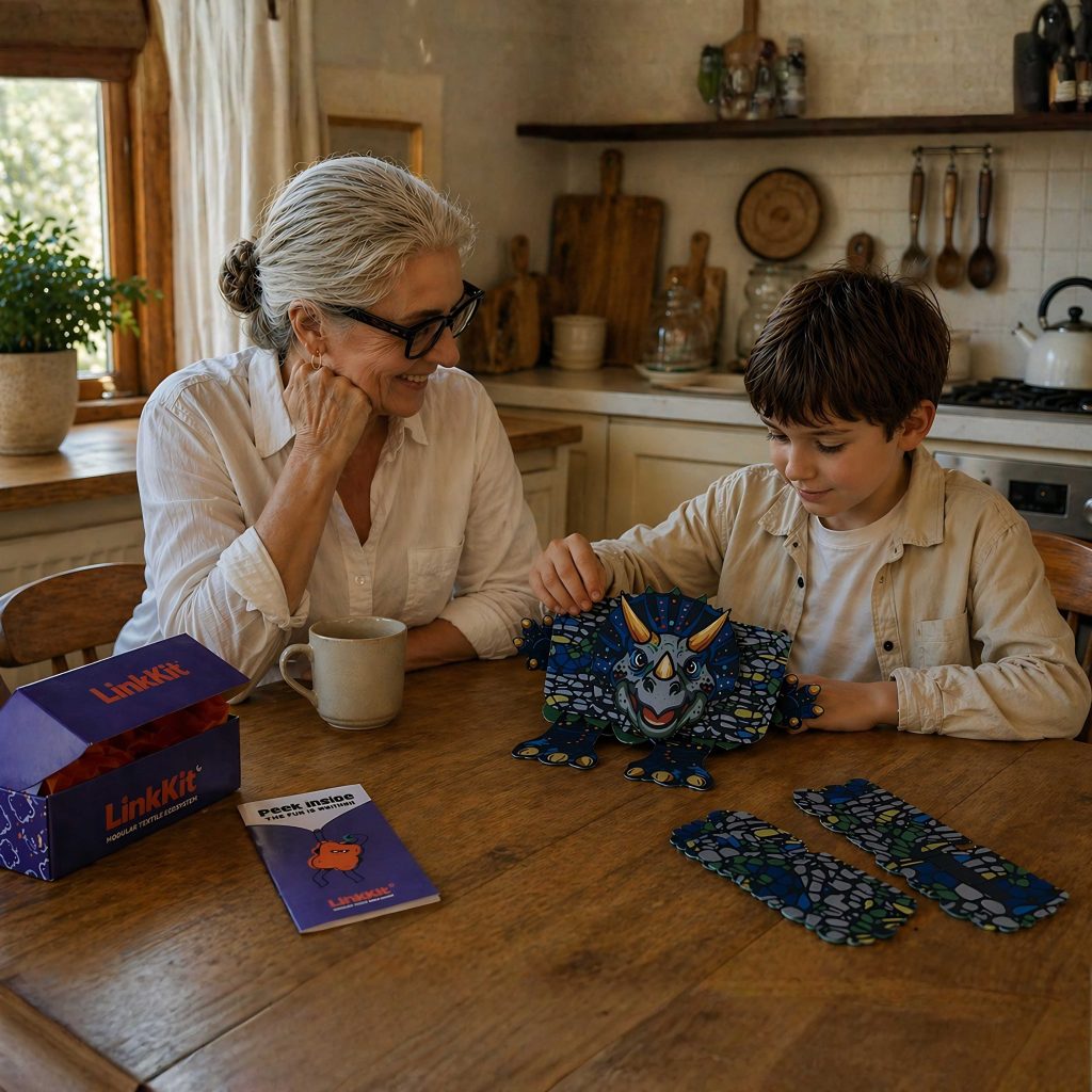 Child and grandmother building a LinkKit dinosaur blue large backpack textile kit at home