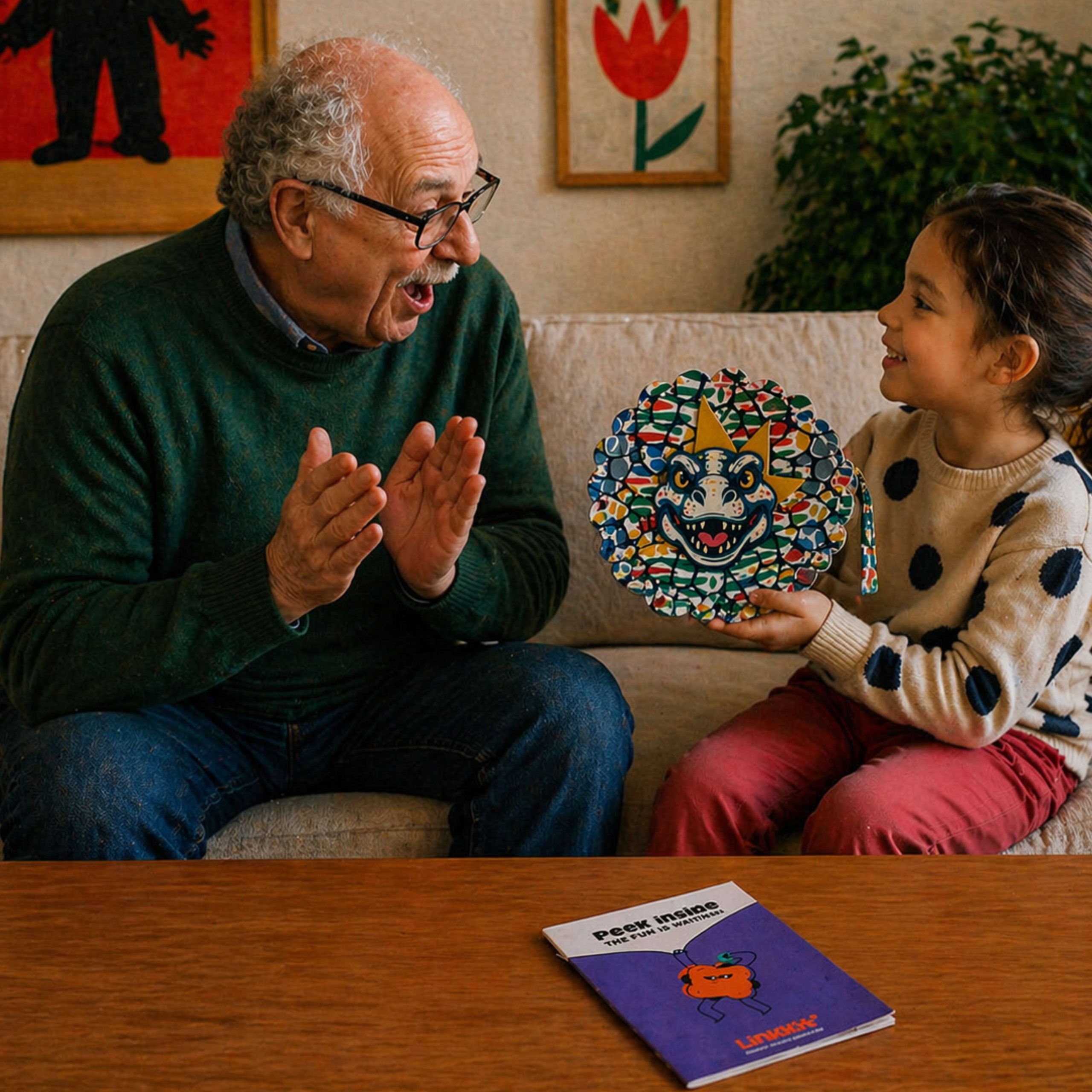 Child showing a LinkKit dinosaur large pouch textile kit to her grandfather