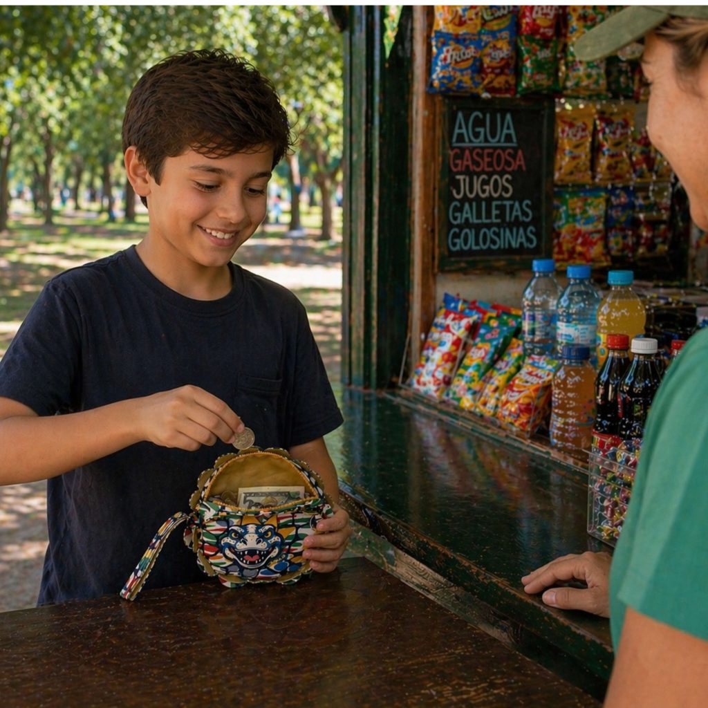 Child using a LinkKit dinosaur small case textile kit at an outdoor kiosk