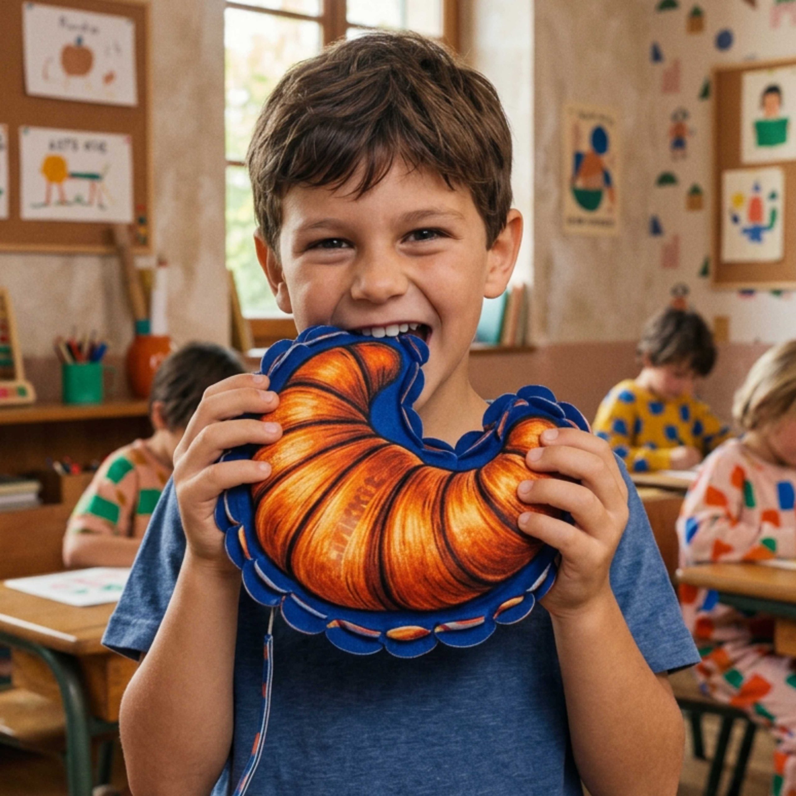 Child holding a LinkKit croissant large pouch textile kit in the classroom