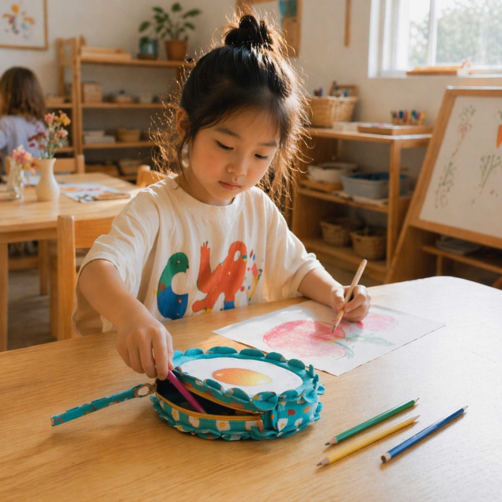 Child using a LinkKit fried egg large pouch textile kit while drawing